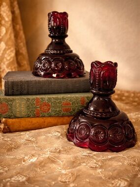 Vintage L.E. Smith Moon & Stars Ruby Red Glass Candle Holders—GLOW!!!